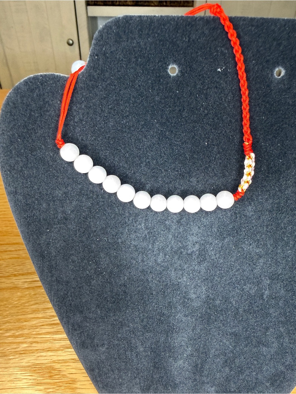 White Jade Beaded Red Cord Adjustable Bracelet
